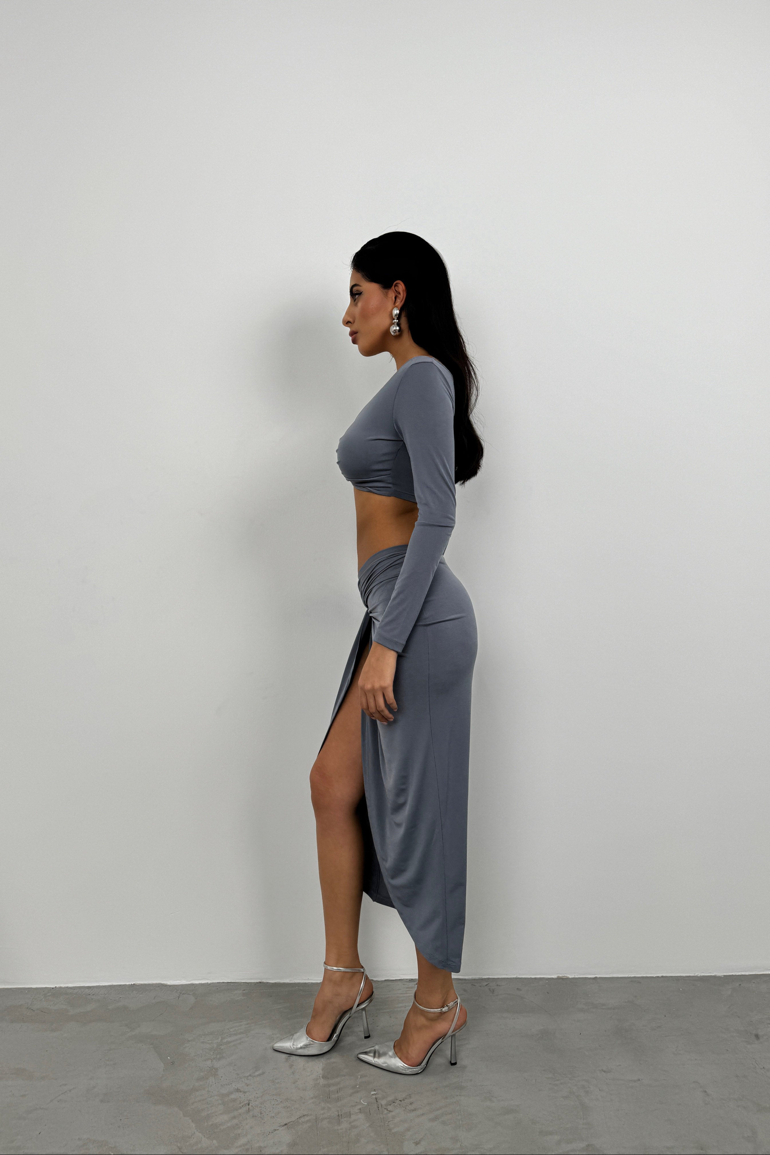 Ruched Detay Gray Slit Skirt