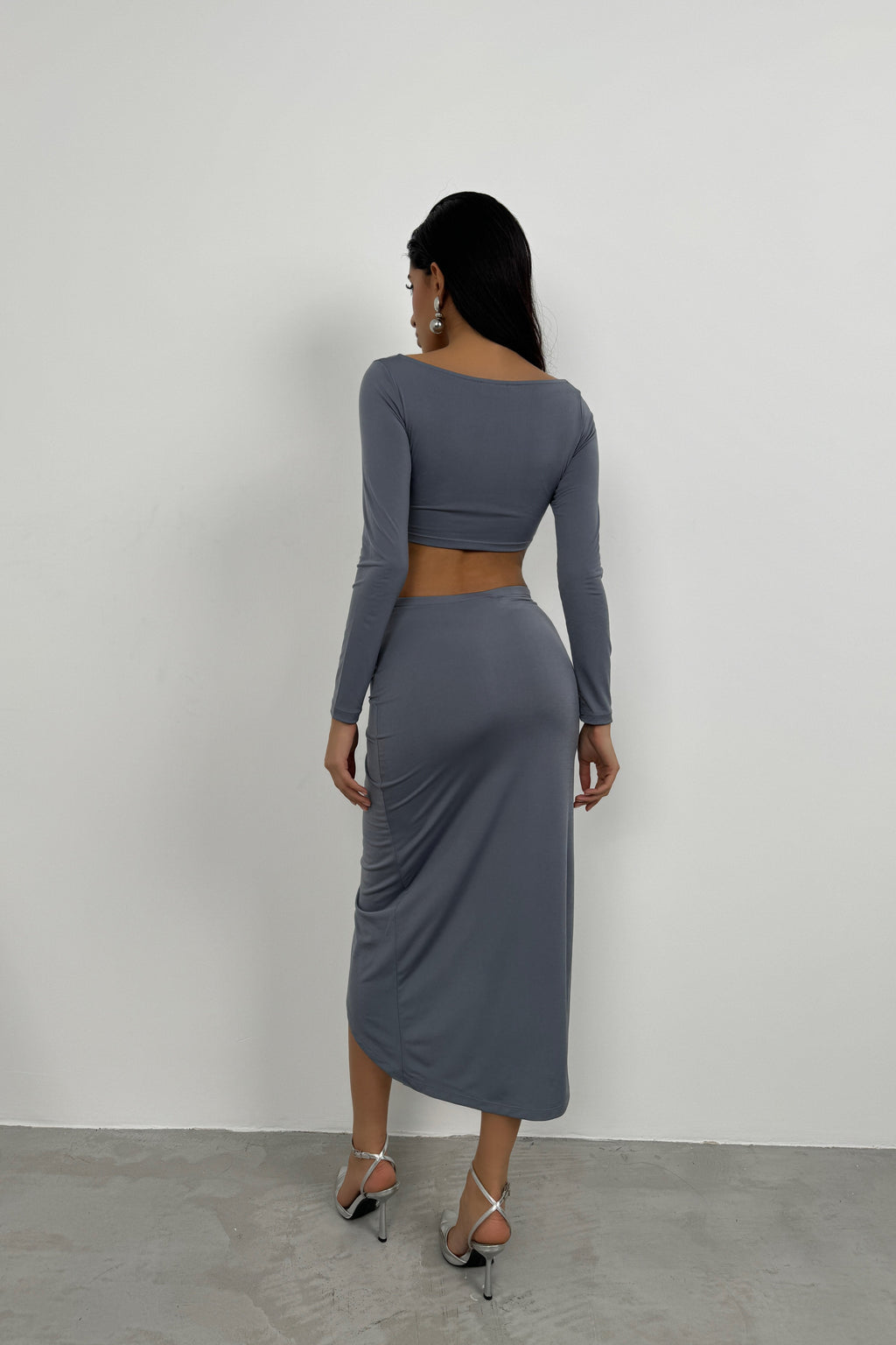 Ruched Detay Gray Slit Skirt