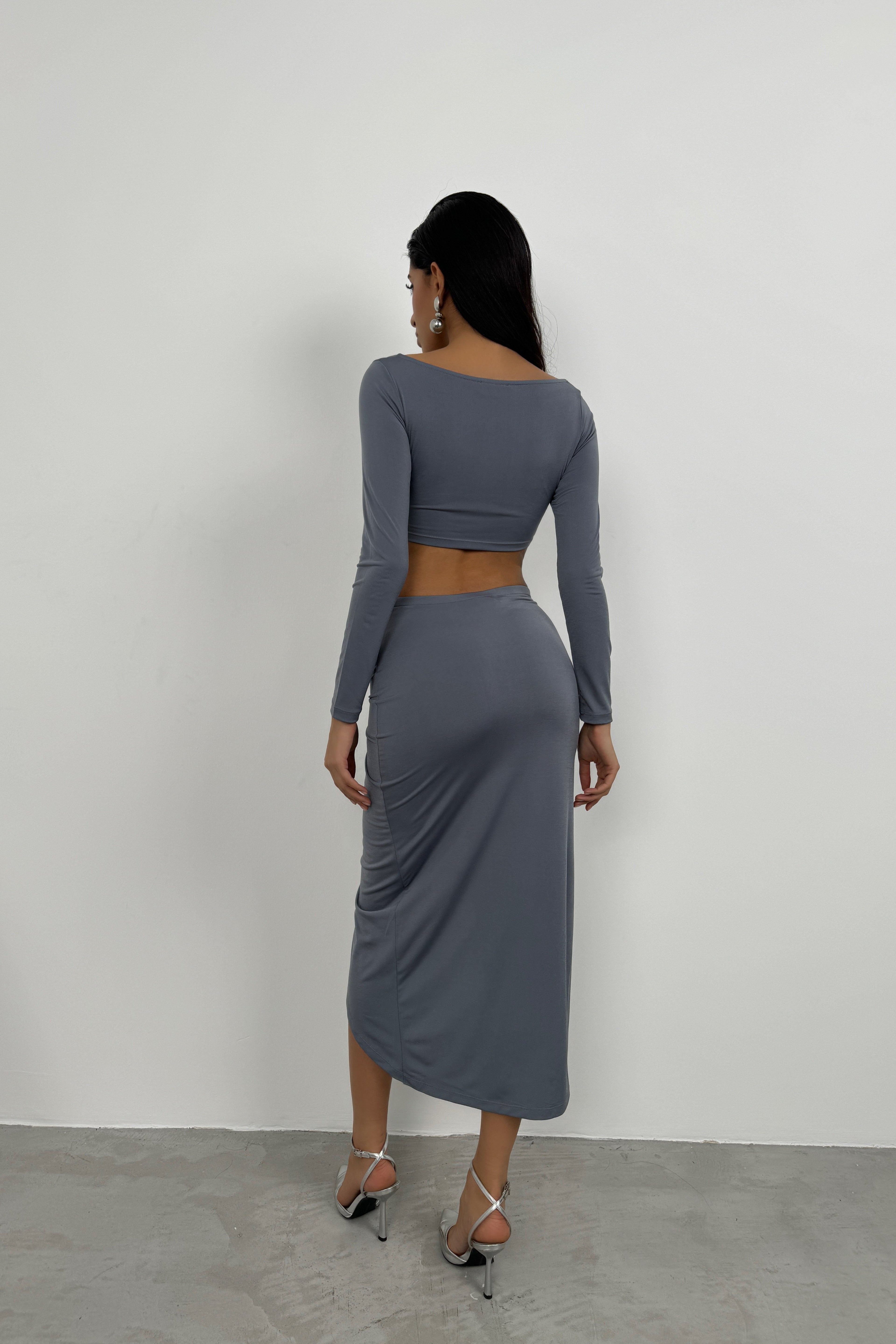 Ruched Detay Gray Slit Skirt