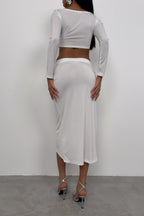 Ruched Detay Ecru Slit Skirt