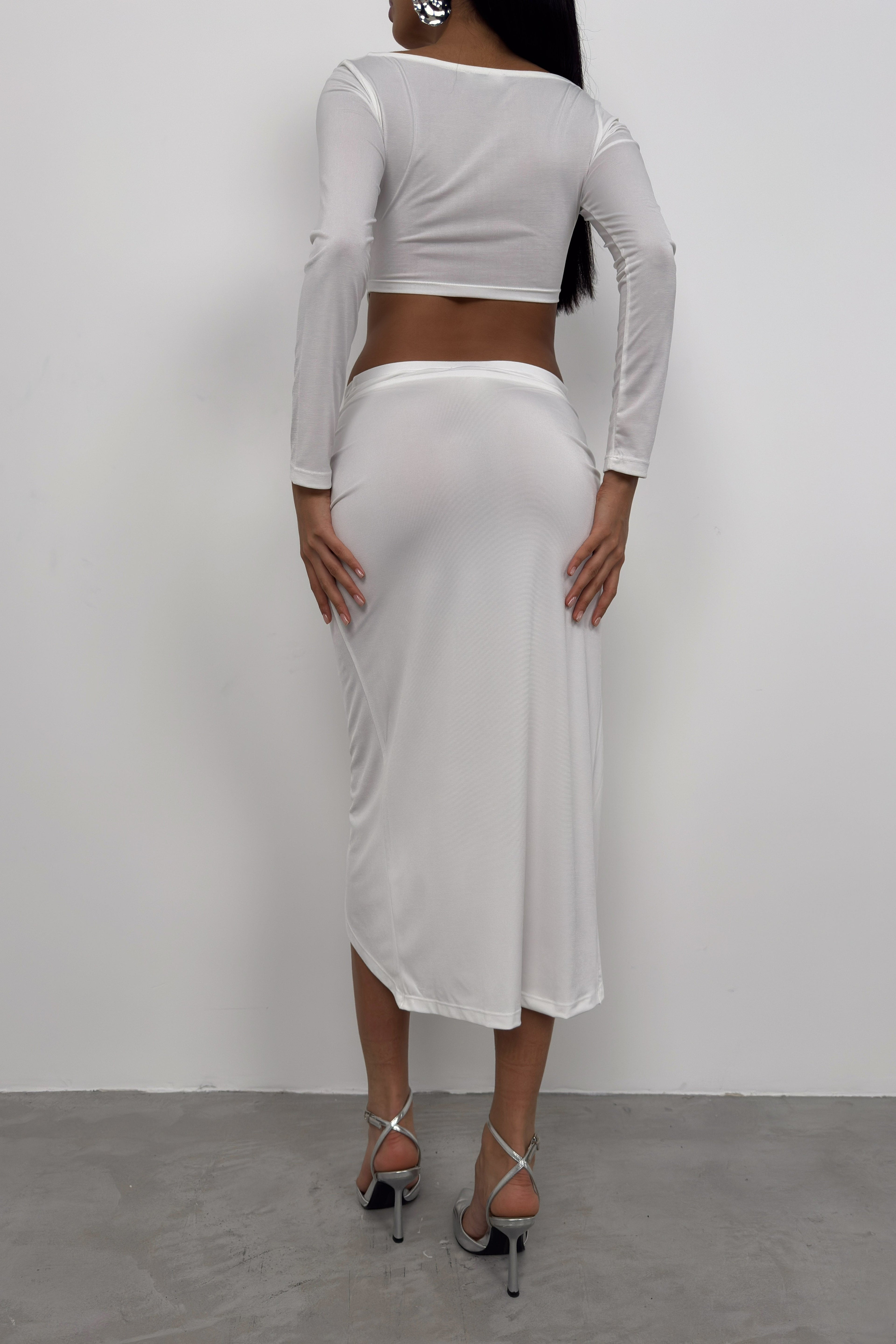Ruched Detay Ecru Slit Skirt