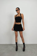 Ruched Waist Elastic Black Mini Skirt