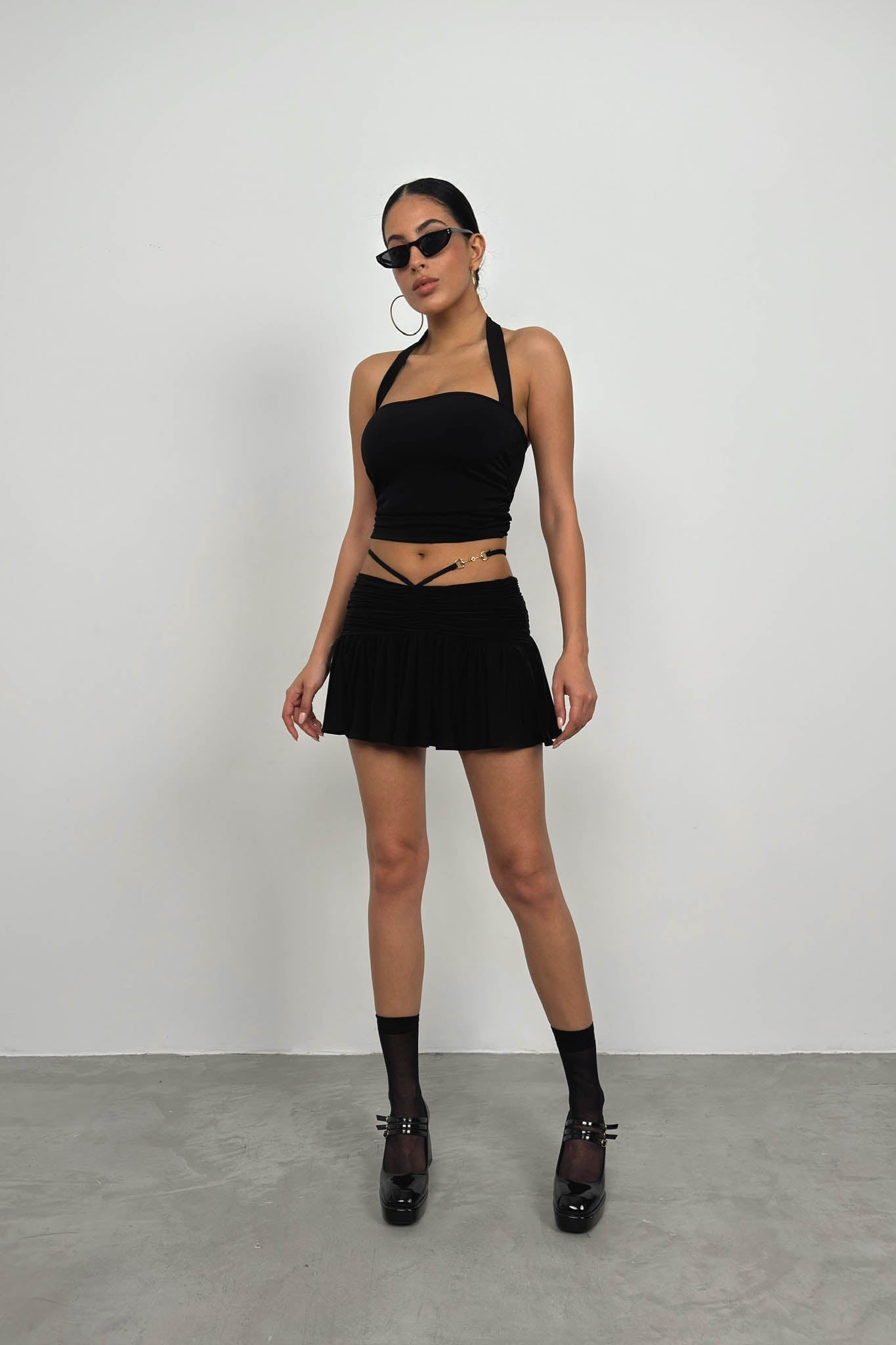 Ruched Waist Elastic Black Mini Skirt