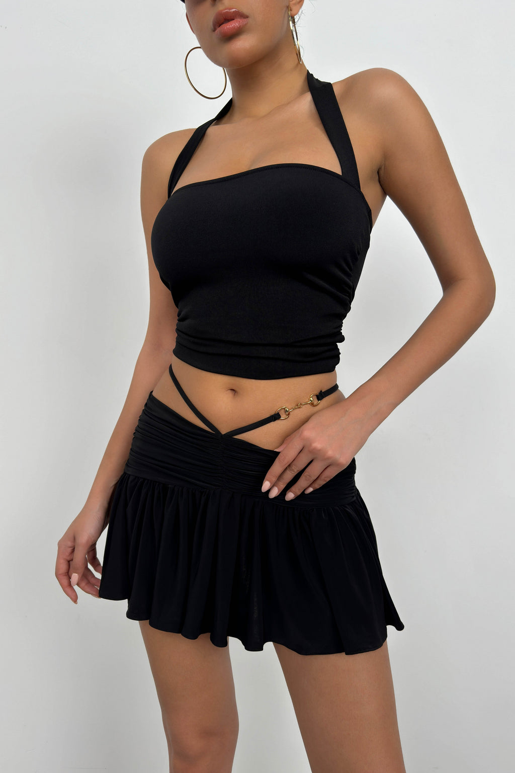 Ruched Waist Elastic Black Mini Skirt