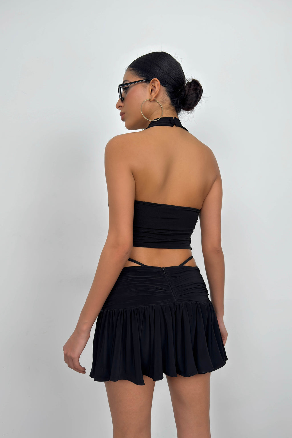 Ruched Waist Elastic Black Mini Skirt
