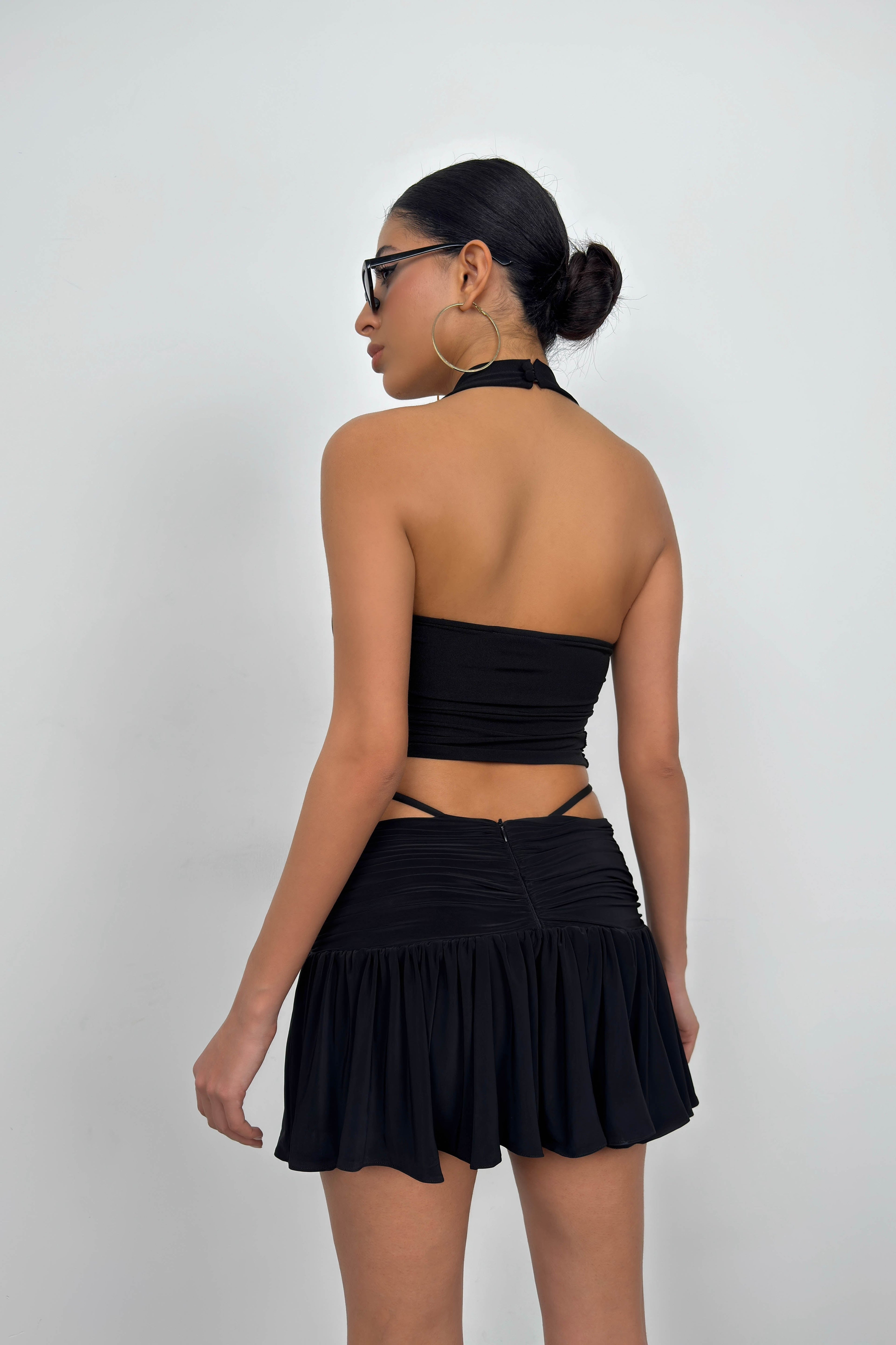 Ruched Waist Elastic Black Mini Skirt