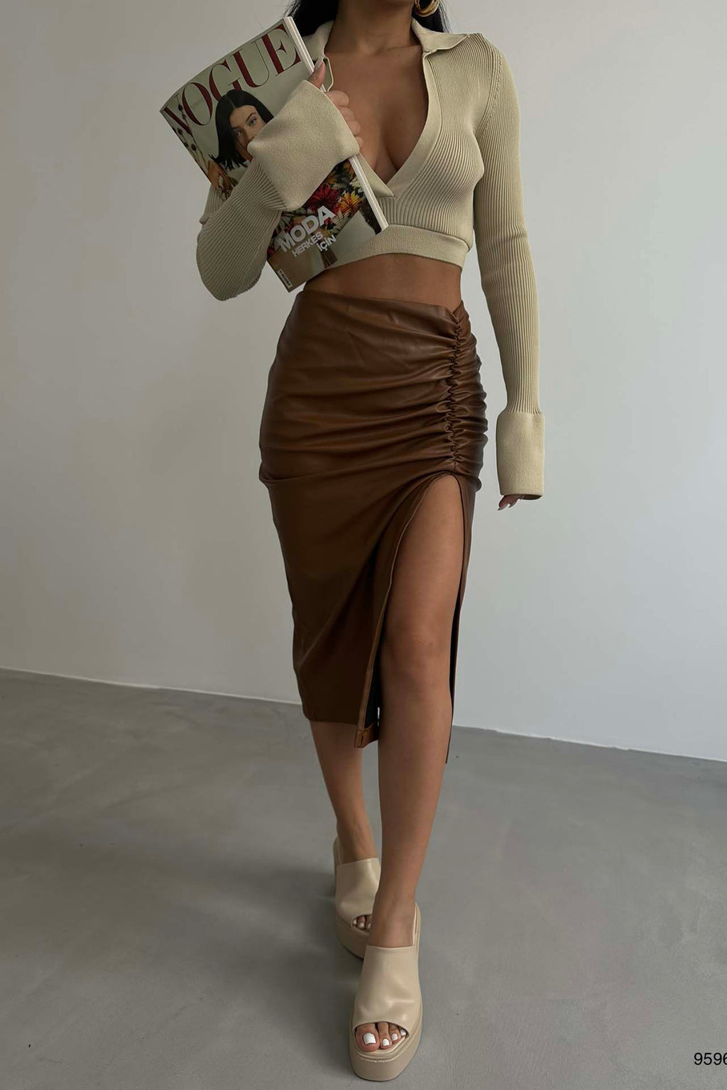 Ruched Brown Deri Skirt