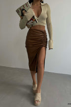 Ruched Brown Deri Skirt
