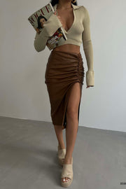 Gathered Brown Leather Skirt