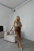 Ruched Brown Deri Skirt