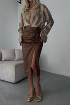 Ruched Brown Deri Skirt