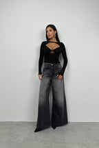 Ruched Black Cutout Blouse