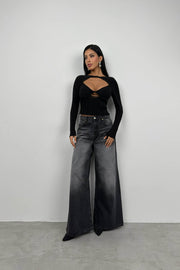 Gathered Black Cutout Blouse