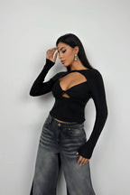Ruched Black Cutout Blouse