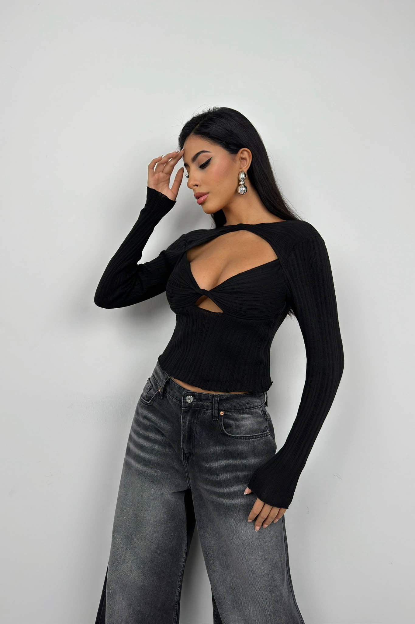 Ruched Black Cutout Blouse