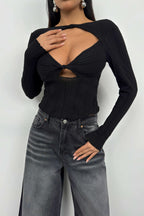 Ruched Black Cutout Blouse