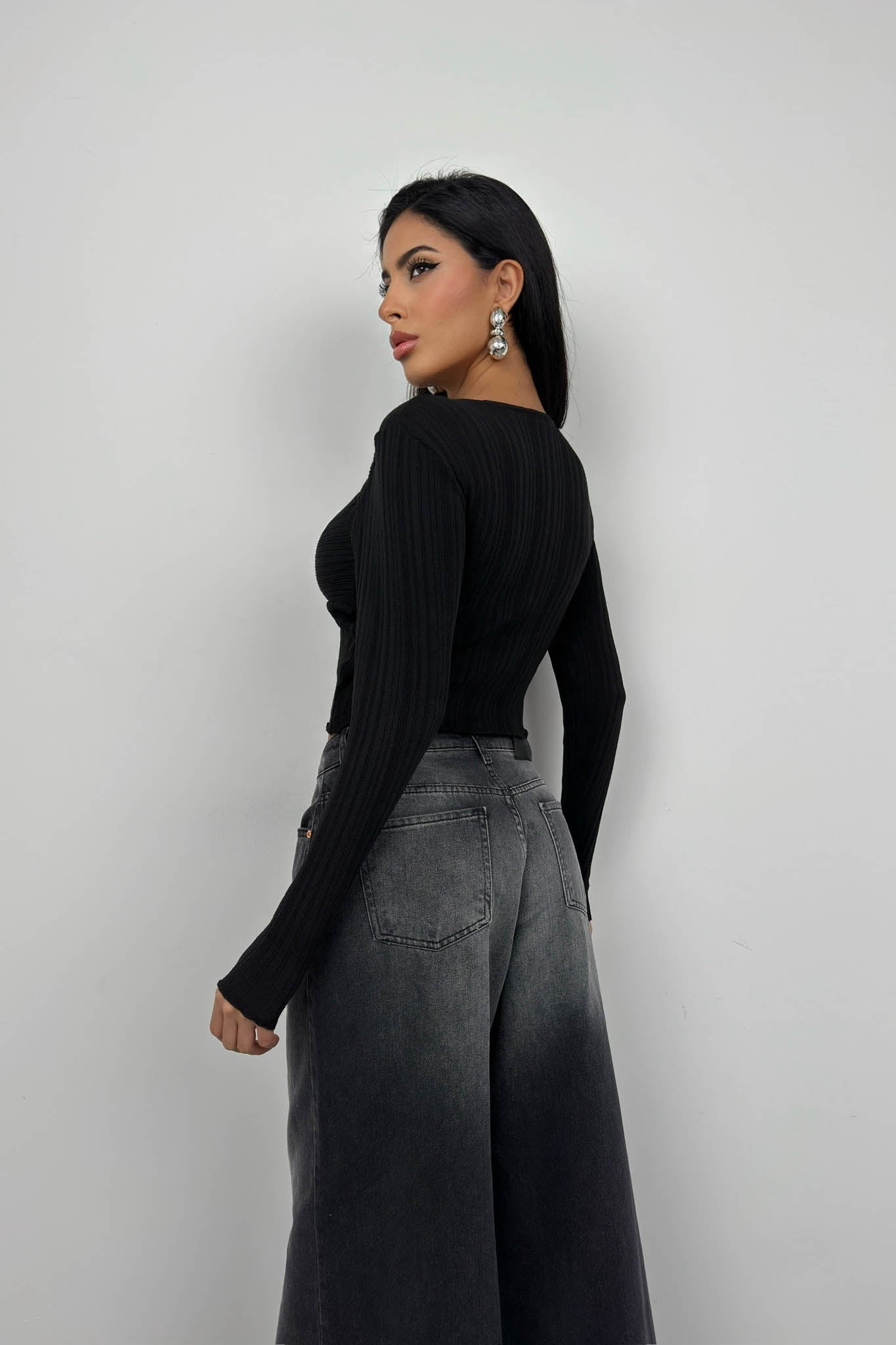 Ruched Black Cutout Blouse