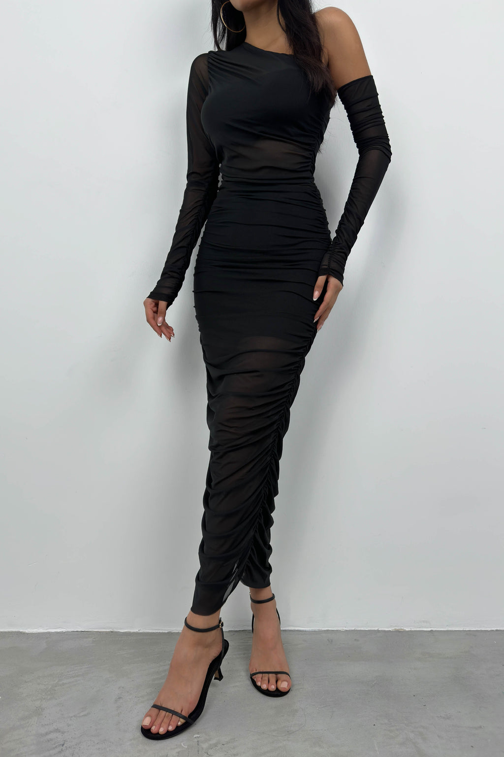 Ruched One Shoulder Black Tulle Set