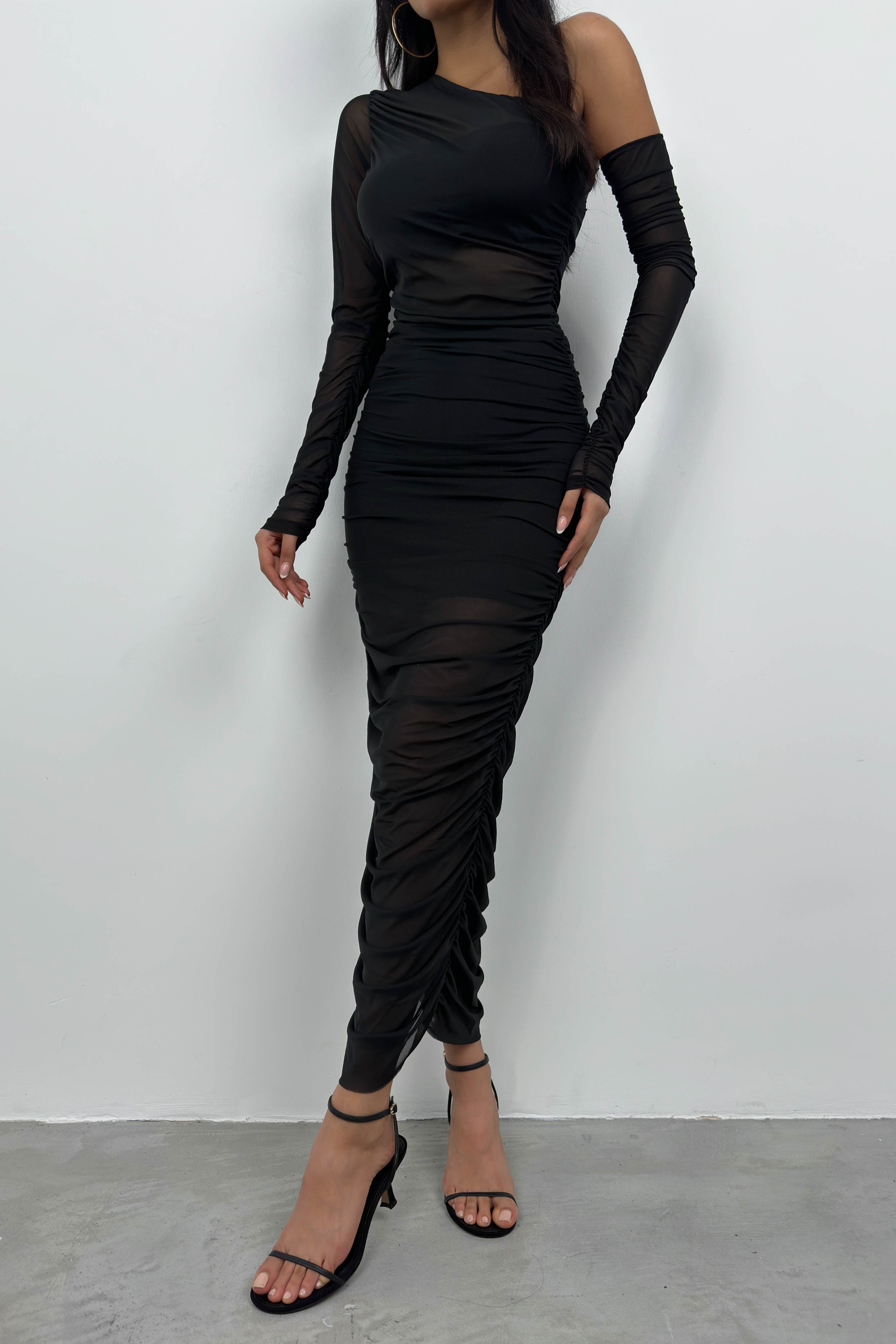 Ruched One Shoulder Black Tulle Set