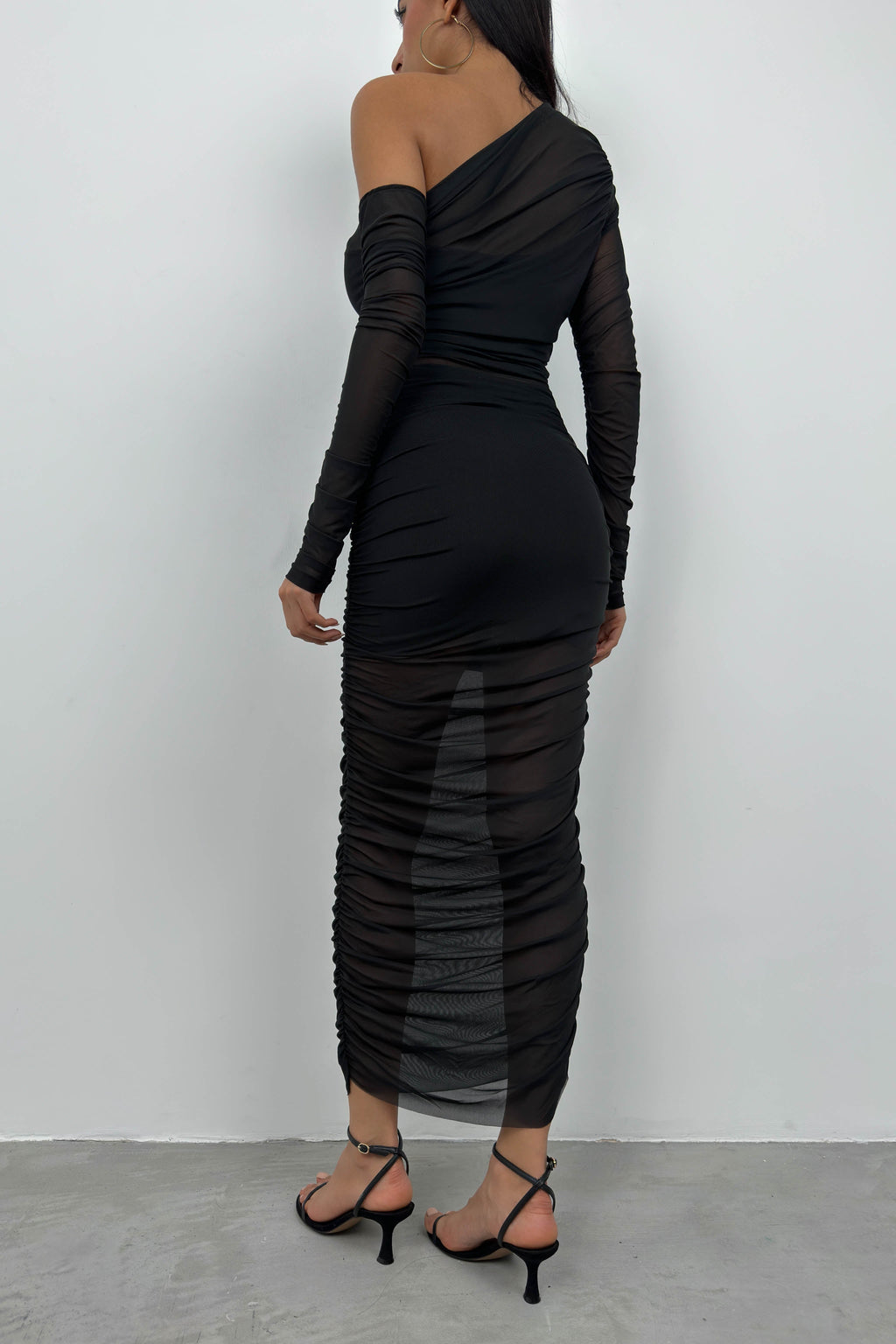 Ruched One Shoulder Black Tulle Set