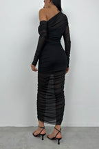 Ruched One Shoulder Black Tulle Set