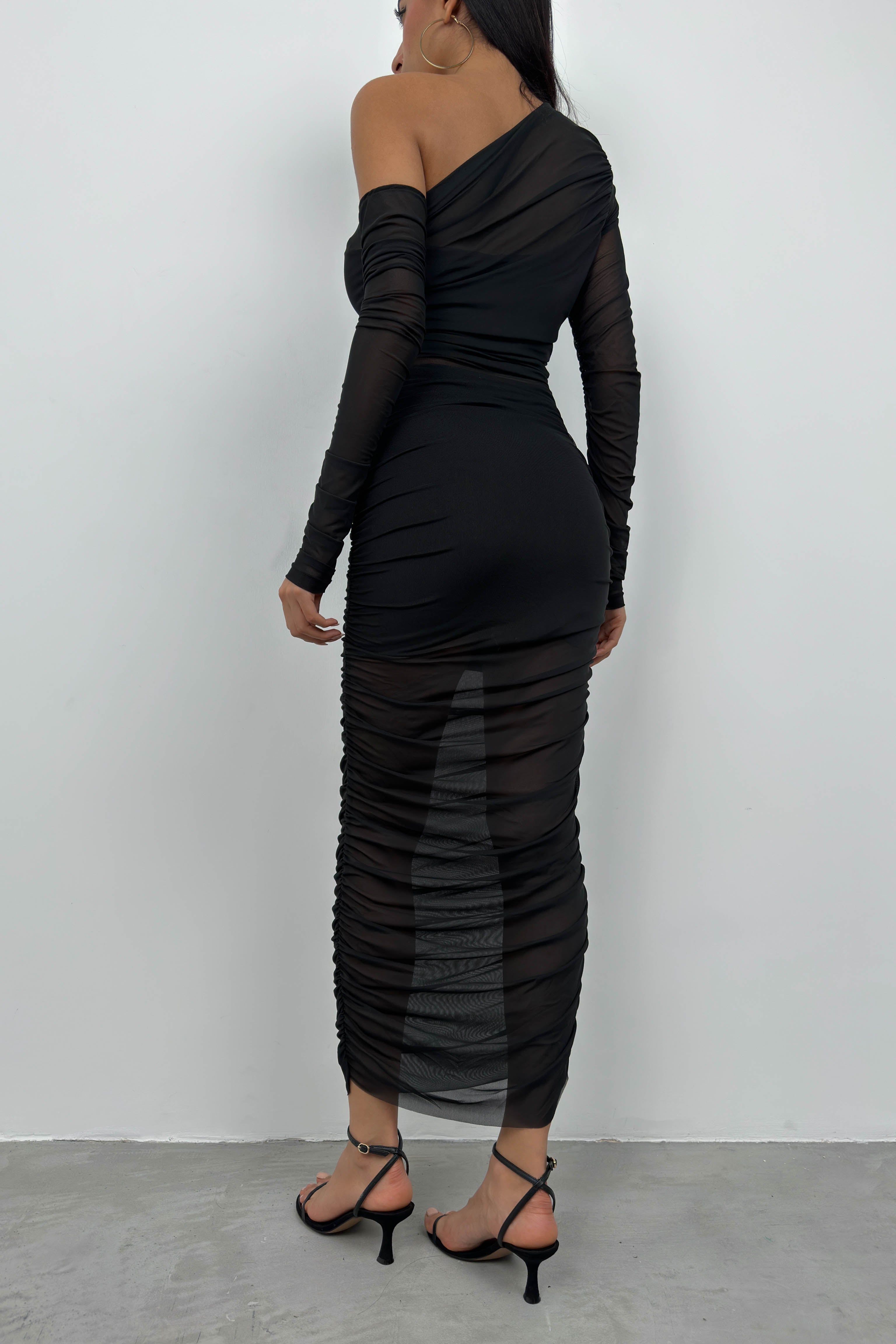 Ruched One Shoulder Black Tulle Set
