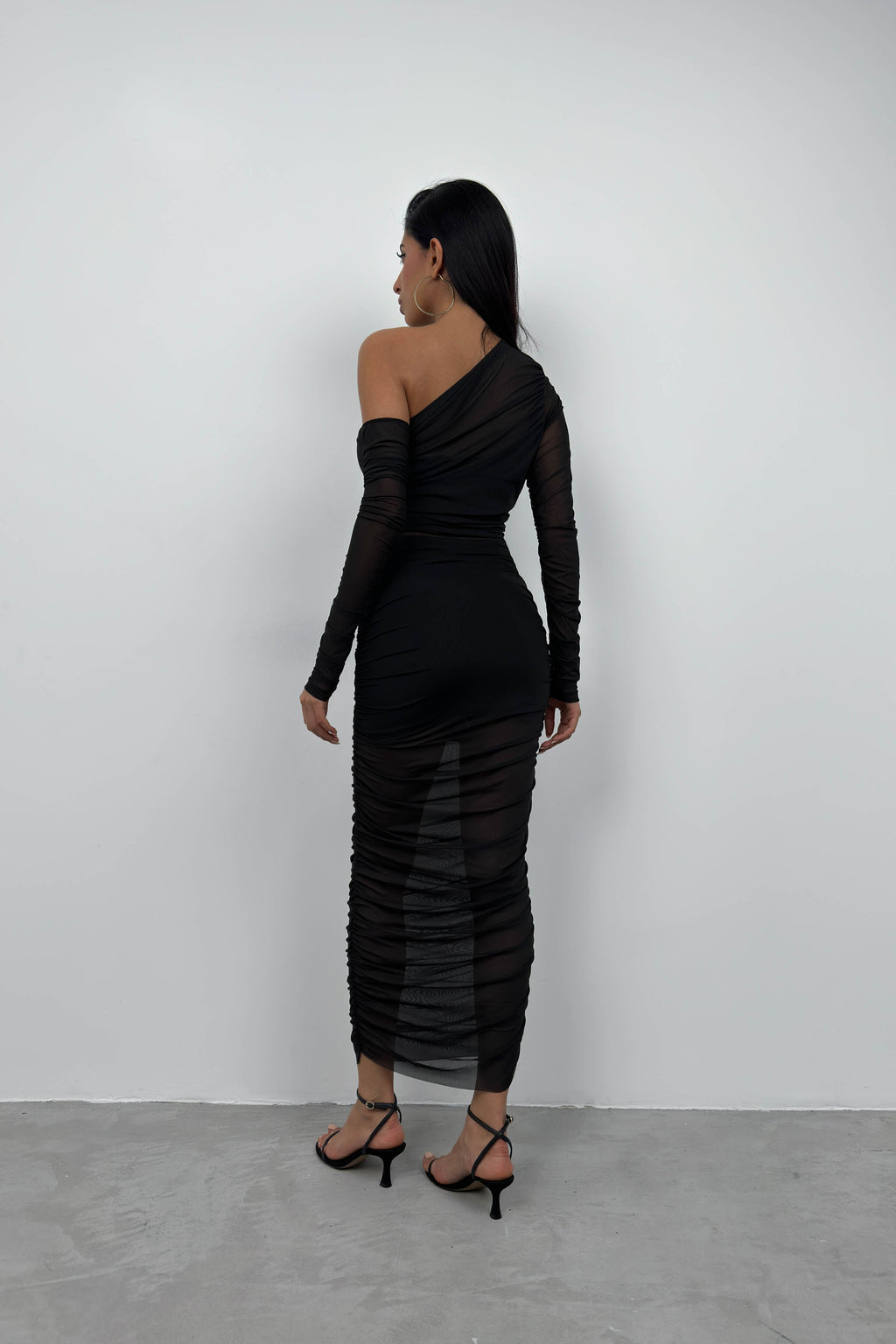 Ruched One Shoulder Black Tulle Set