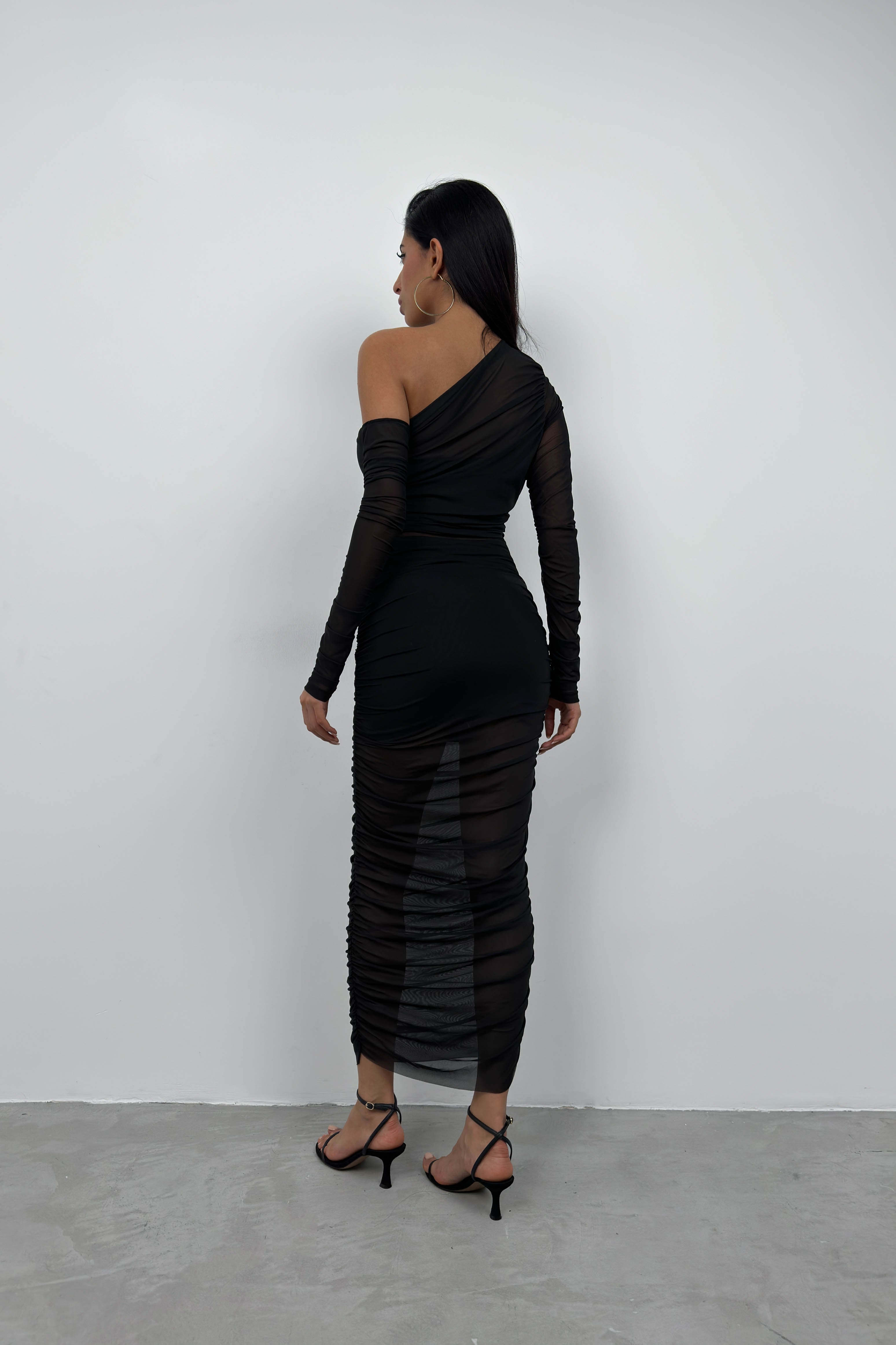 Ruched One Shoulder Black Tulle Set
