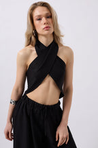 Cross Tie Linen Black Crop