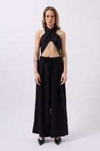 Cross Tie Linen Black Crop