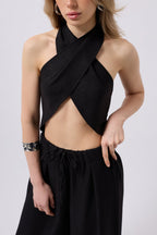Cross Tie Linen Black Crop