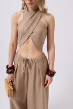 Cross Tie Linen Mink Crop
