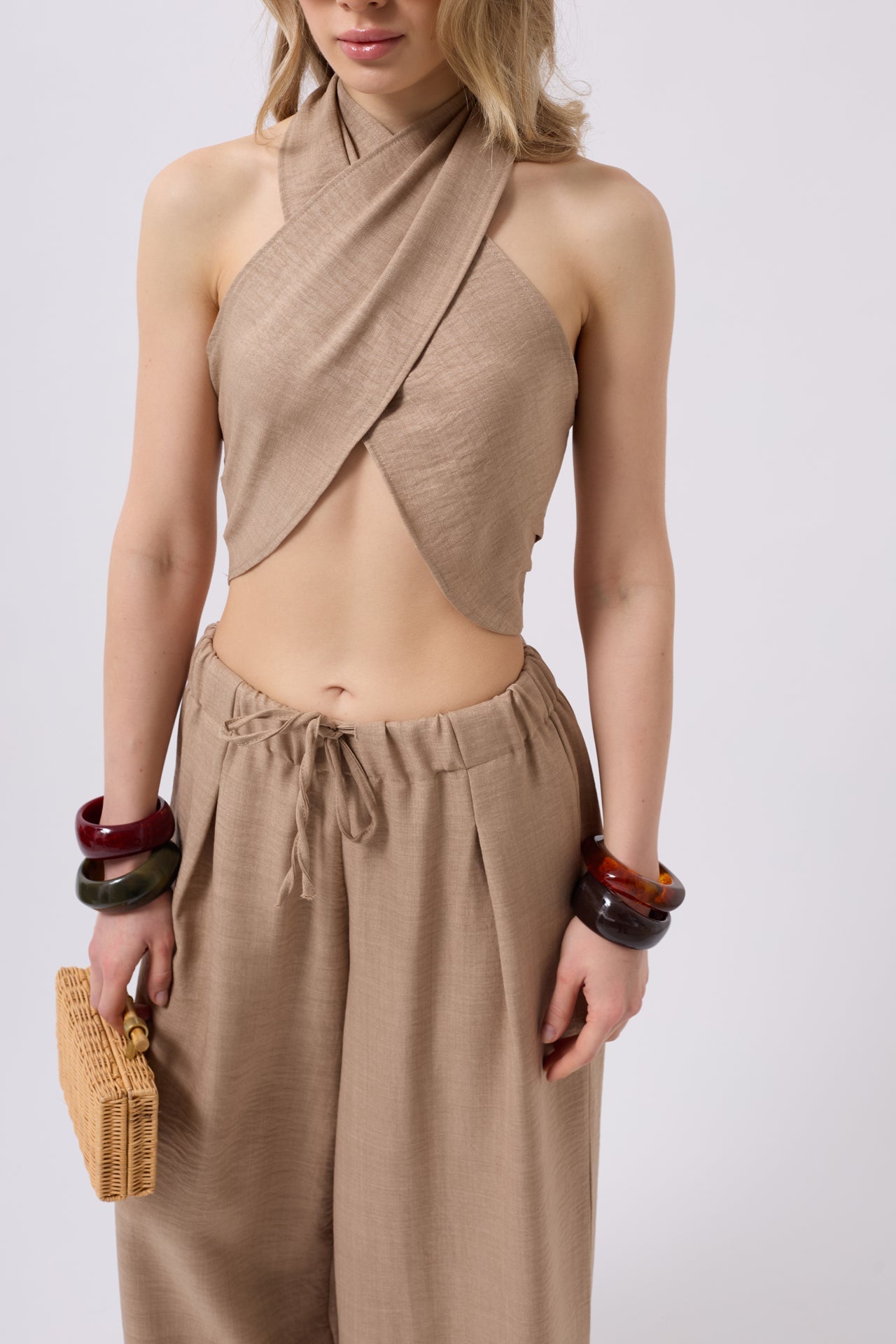 Cross Tie Linen Mink Crop