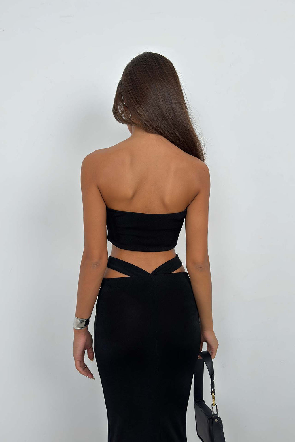 Cross Waist Black Maxi Skirt