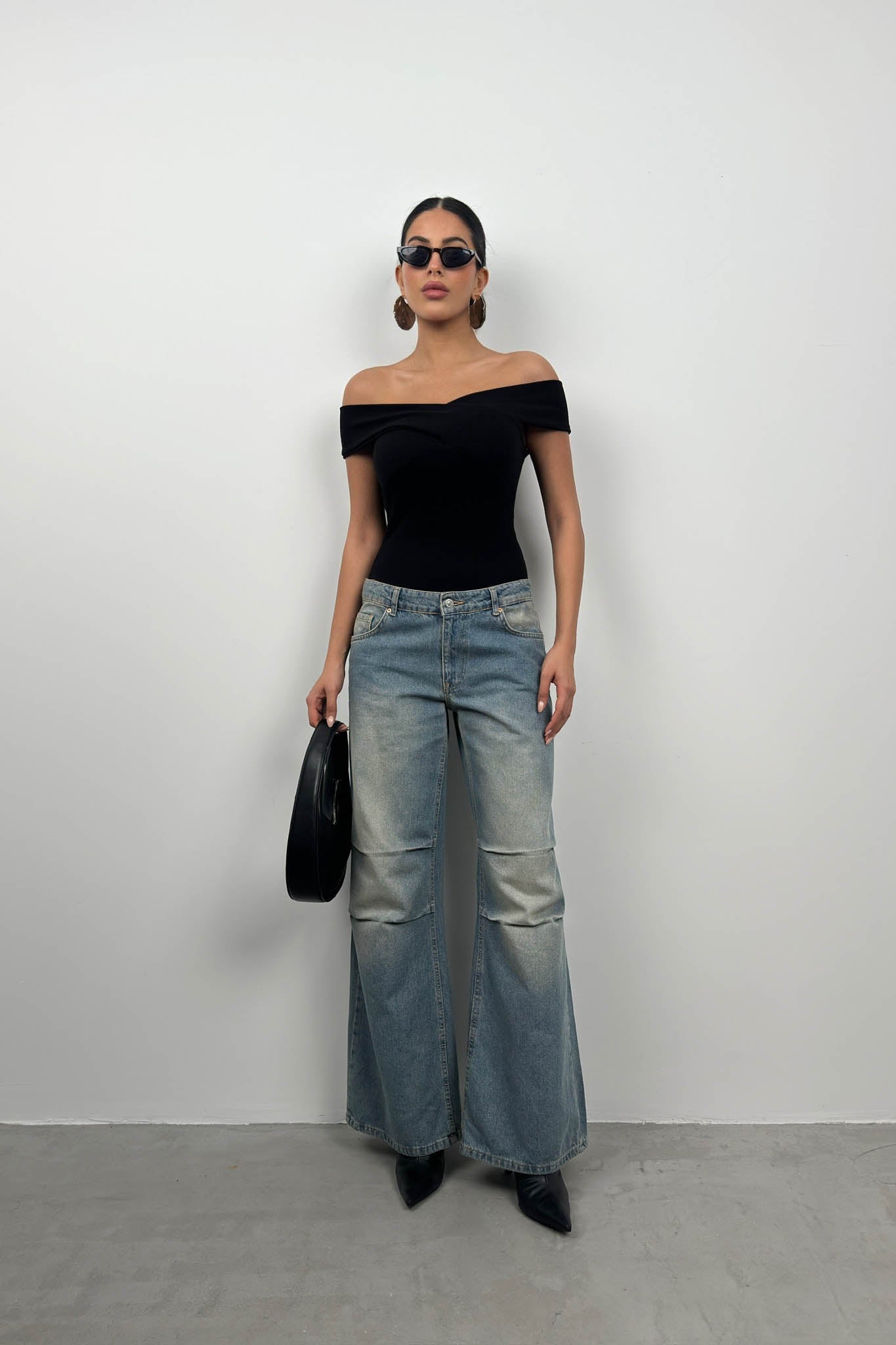 Cross Boat Neck Black Bodysuit