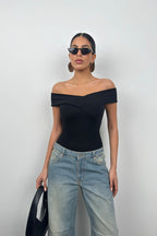 Cross Boat Neck Black Bodysuit