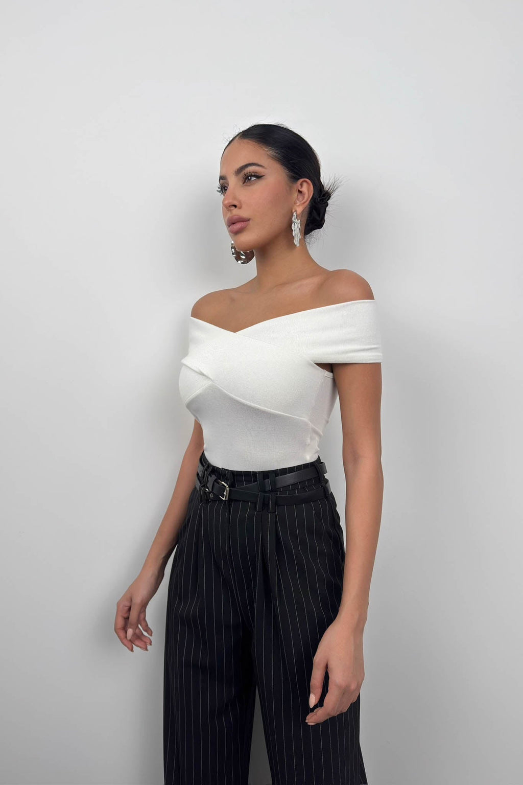 Cross Boat Neck Ecru Bodysuit