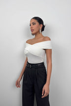 Cross Boat Neck Ecru Bodysuit