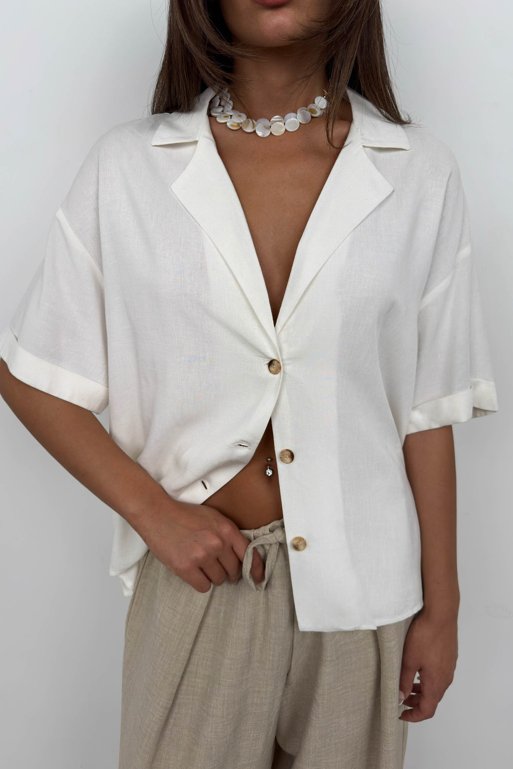 Blazer Collar White Linen Shirt