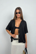 Blazer Collar Black Linen Shirt