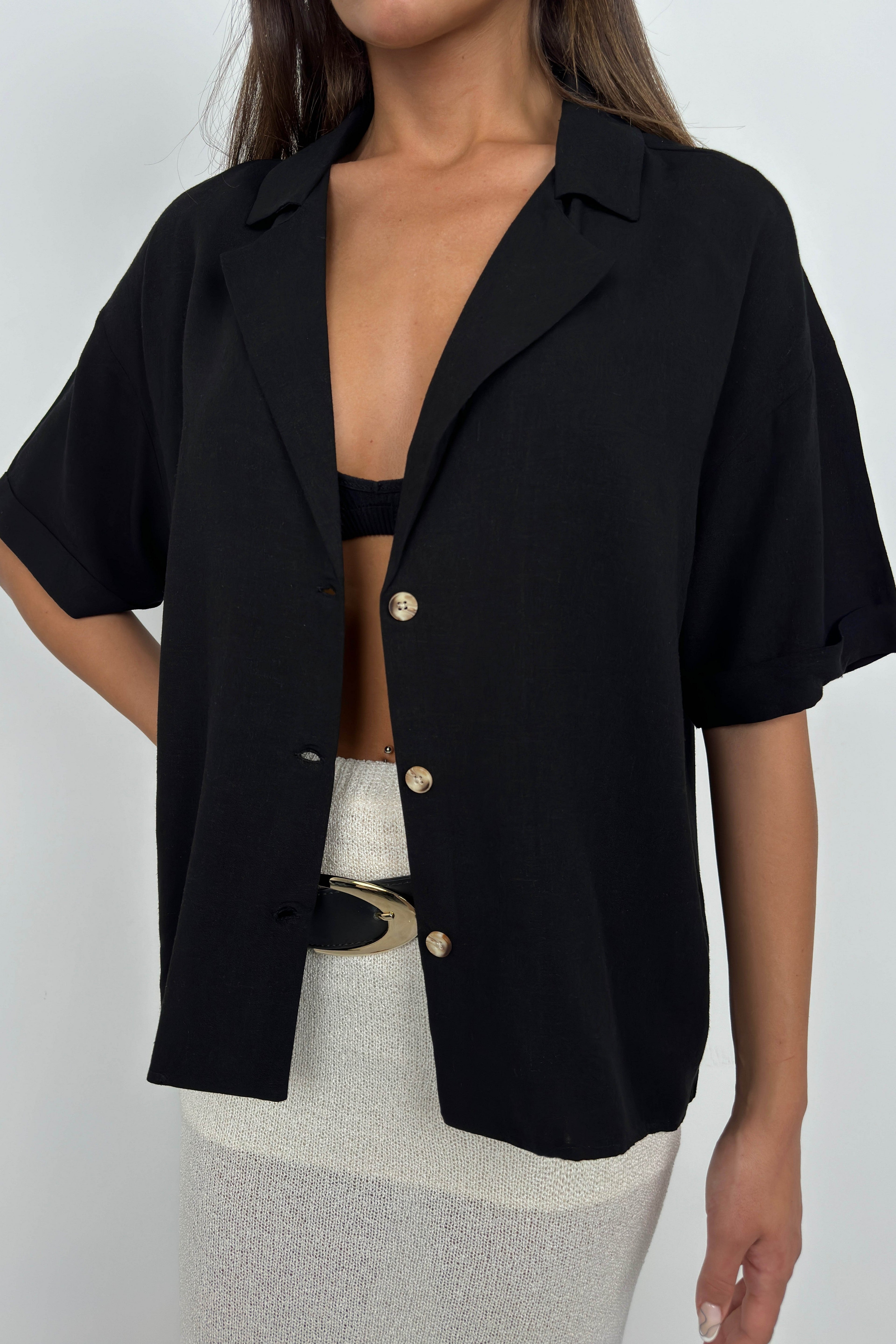 Blazer Collar Black Linen Shirt