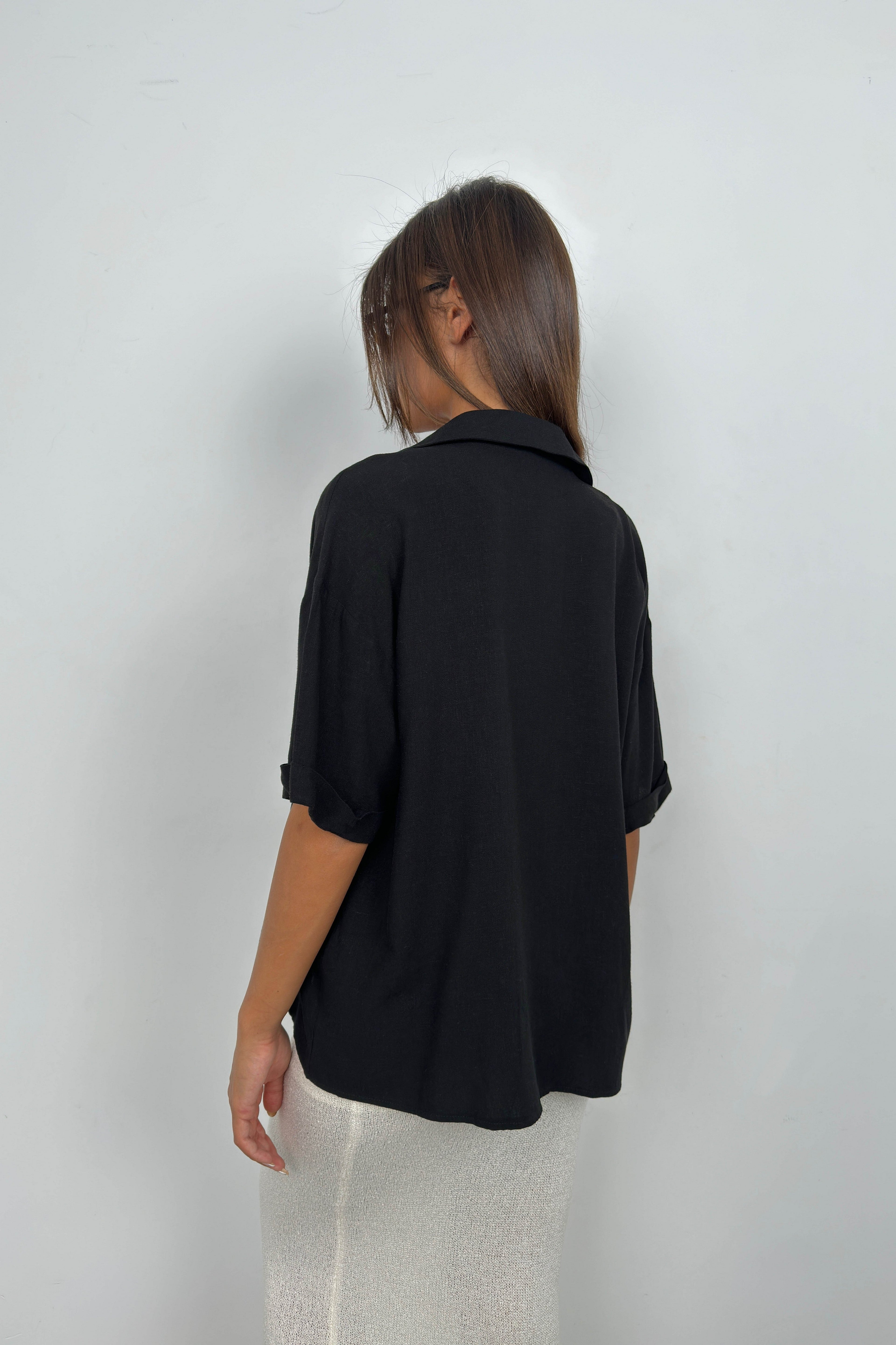 Blazer Collar Black Linen Shirt
