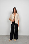 Jacket Collar Beige Linen Shirt