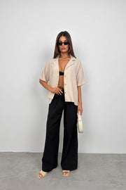 Jacket Collar Beige Linen Shirt