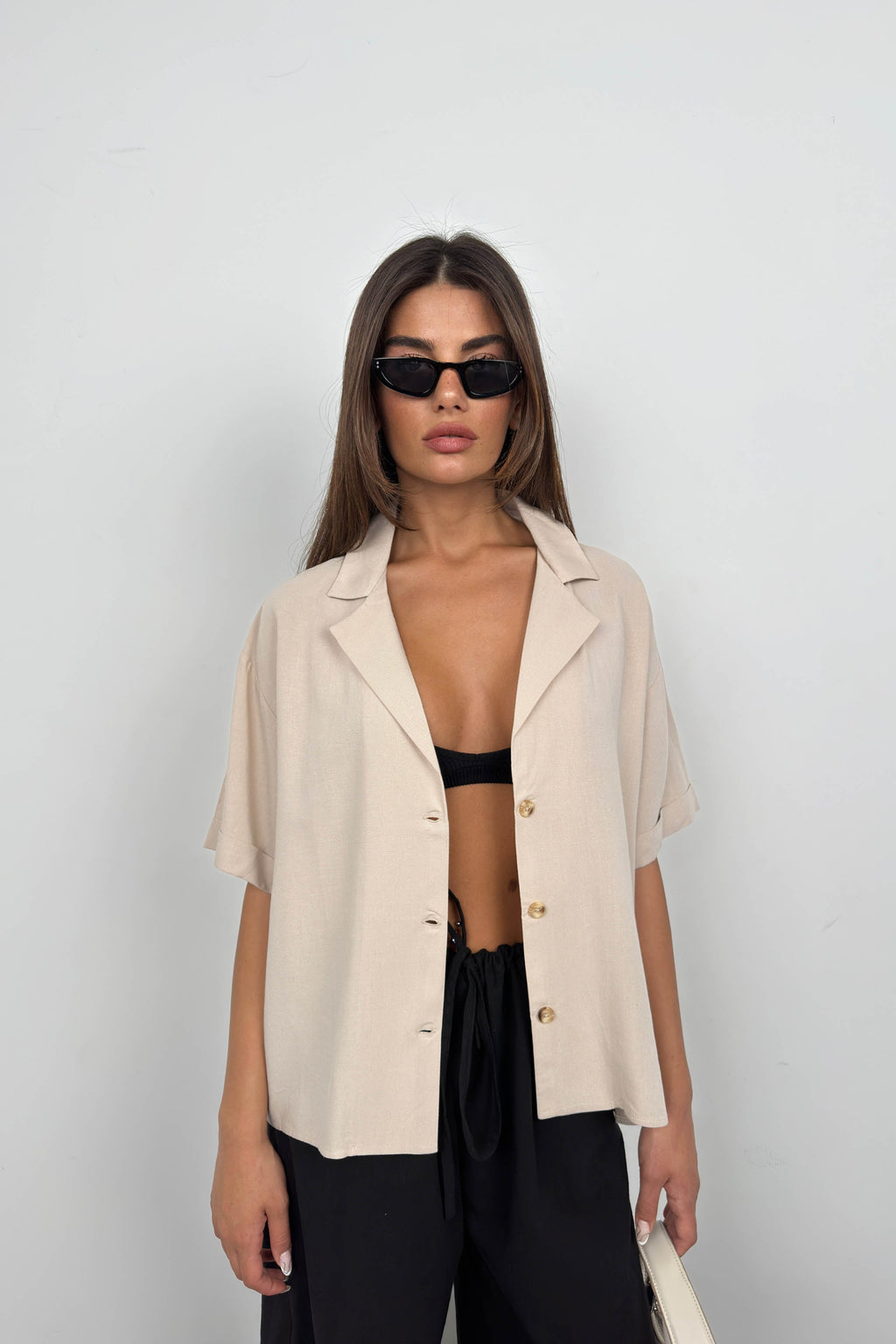 Jacket Collar Beige Linen Shirt