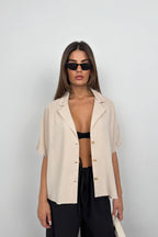 Jacket Collar Beige Linen Shirt