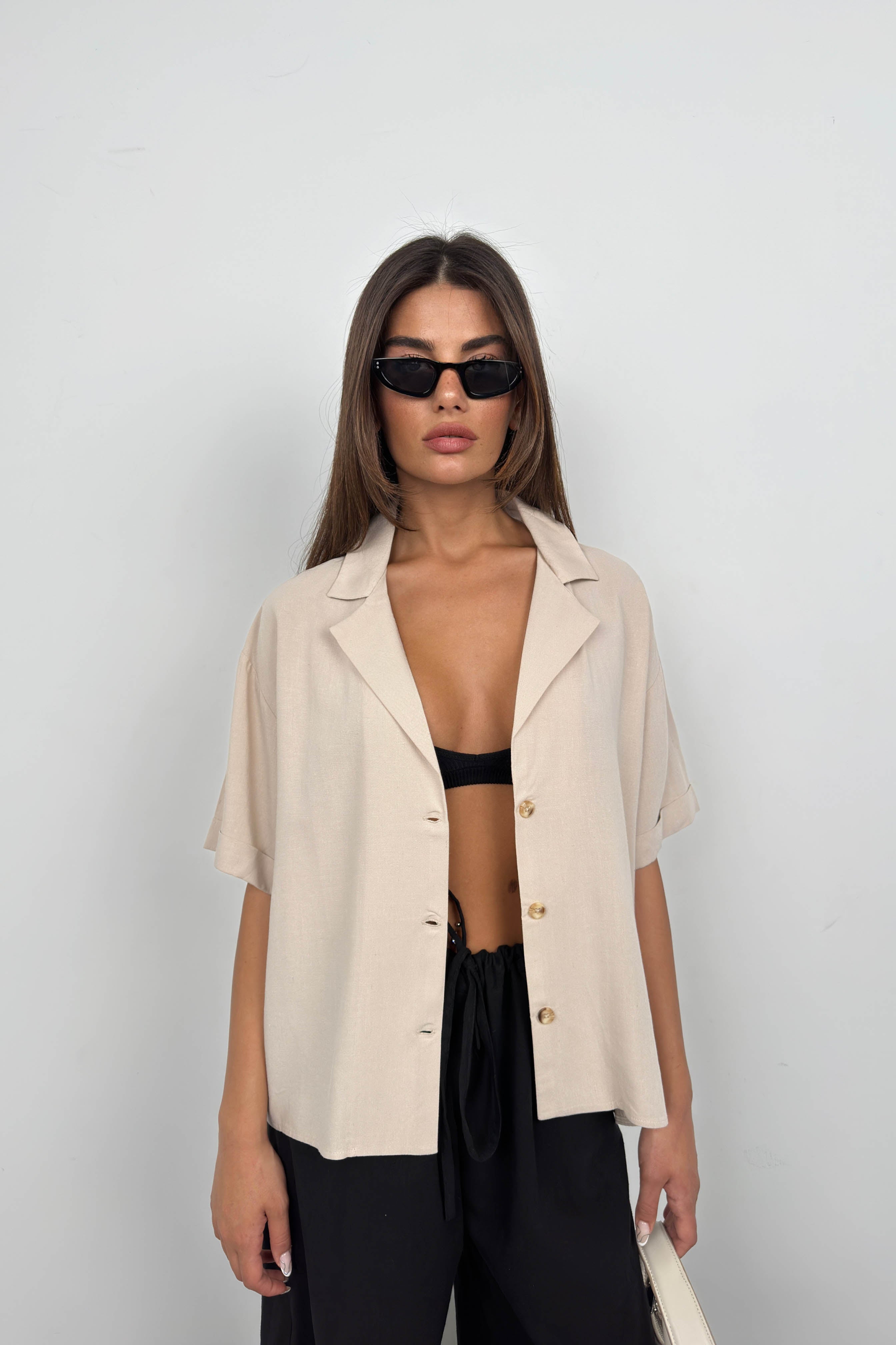Jacket Collar Beige Linen Shirt