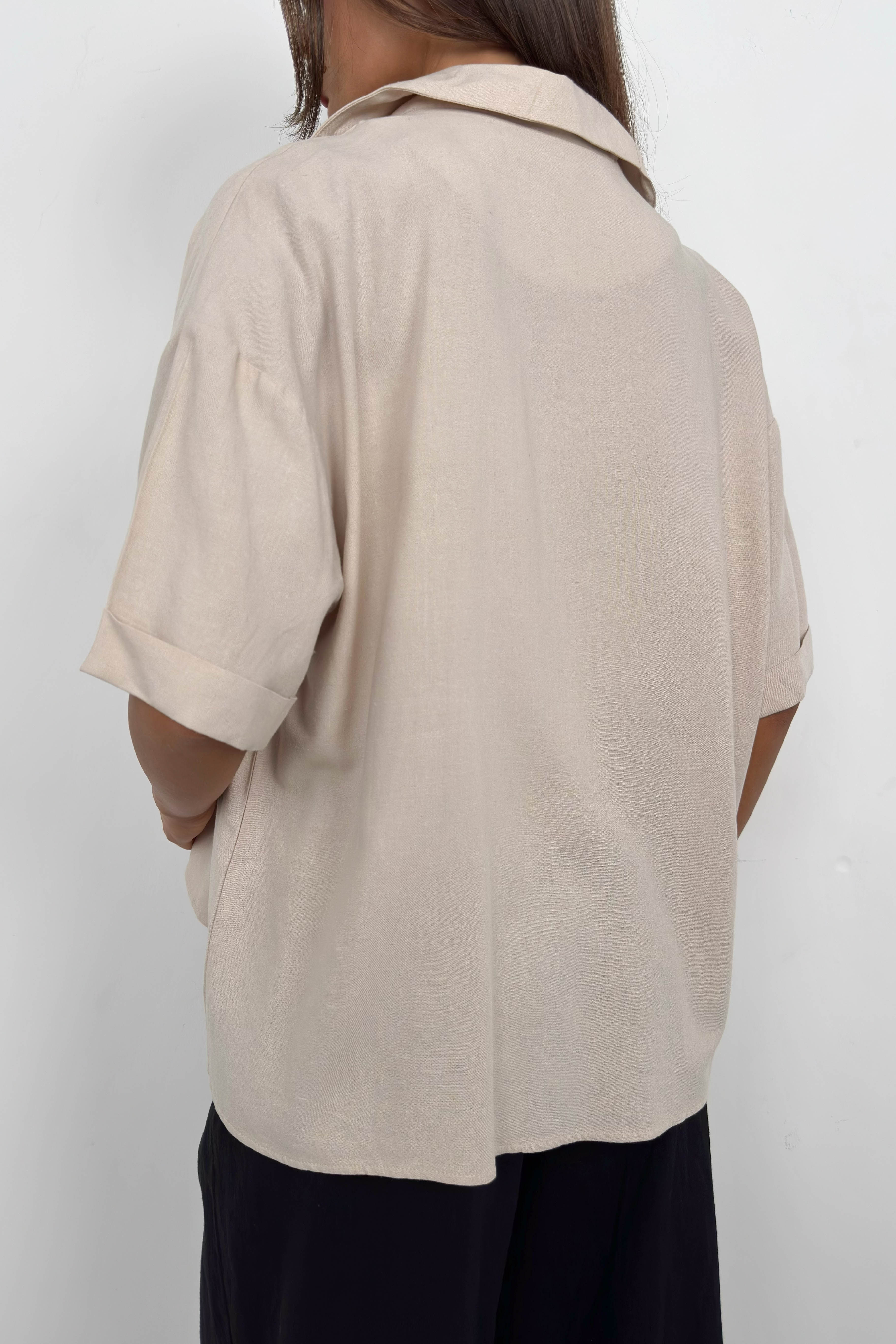 Jacket Collar Beige Linen Shirt