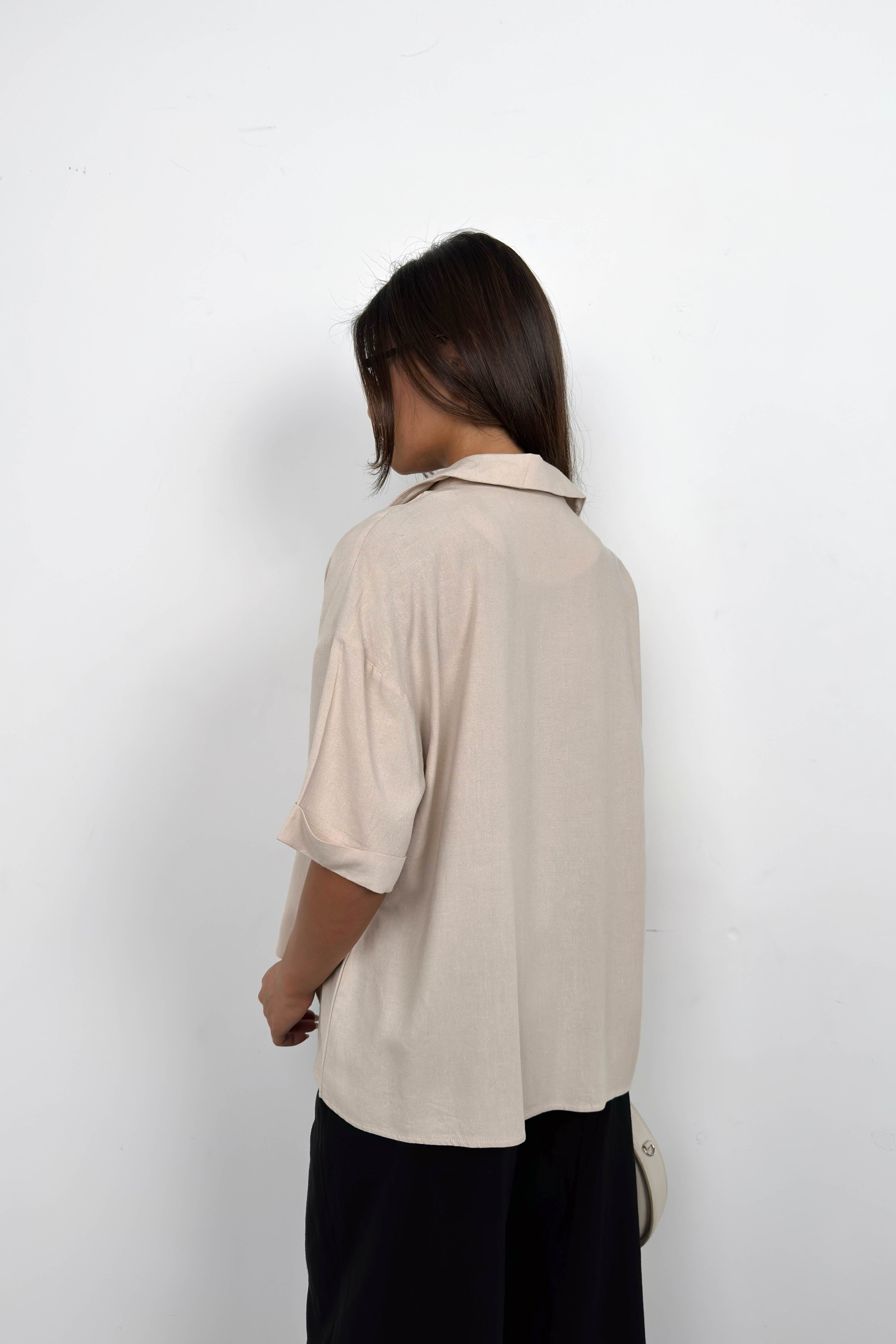 Jacket Collar Beige Linen Shirt