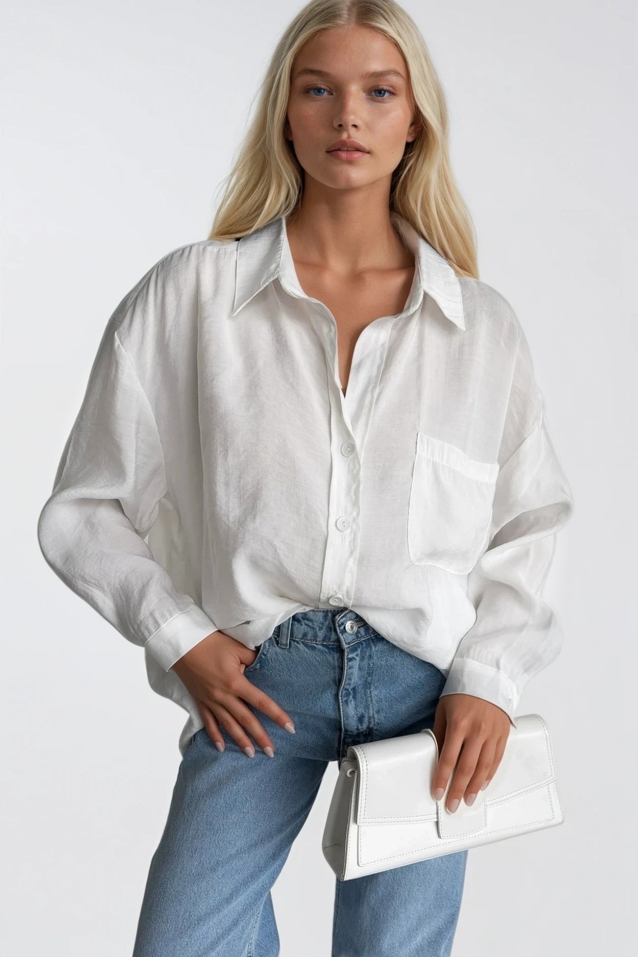 Cep Detay Basic Oversize White Shirt
